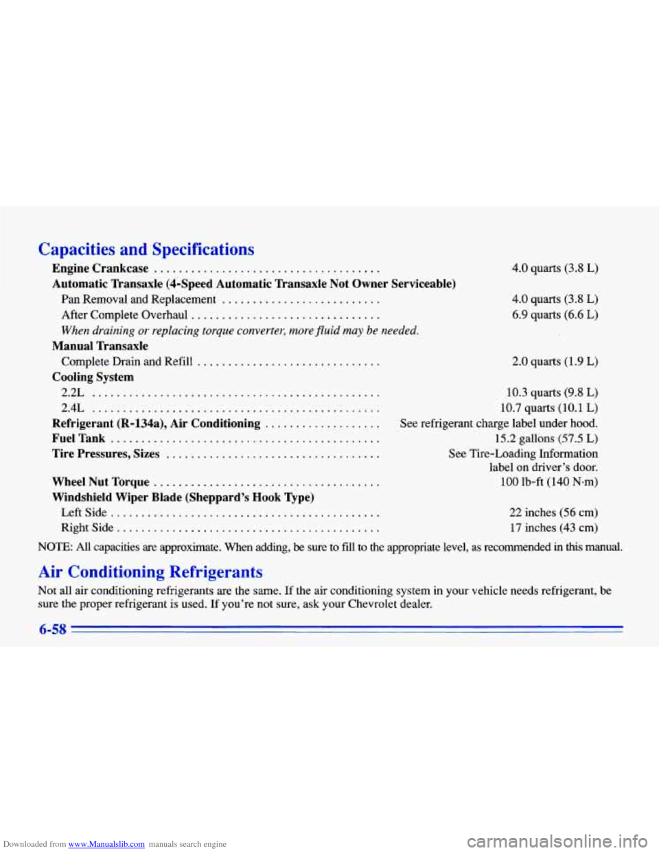 CHEVROLET CAVALIER 1996 3.G Owners Manual Downloaded from www.Manualslib.com manuals search engine Capacities and Specifications
Engine Crankcase .....................................
Automatic Transaxle (4-Speed Automatic Transaxle N CHEVROLET CAVALIER 1996 3.G Owners Manual Downloaded from www.Manualslib.com manuals search engine Capacities and Specifications
Engine Crankcase .....................................
Automatic Transaxle (4-Speed Automatic Transaxle N