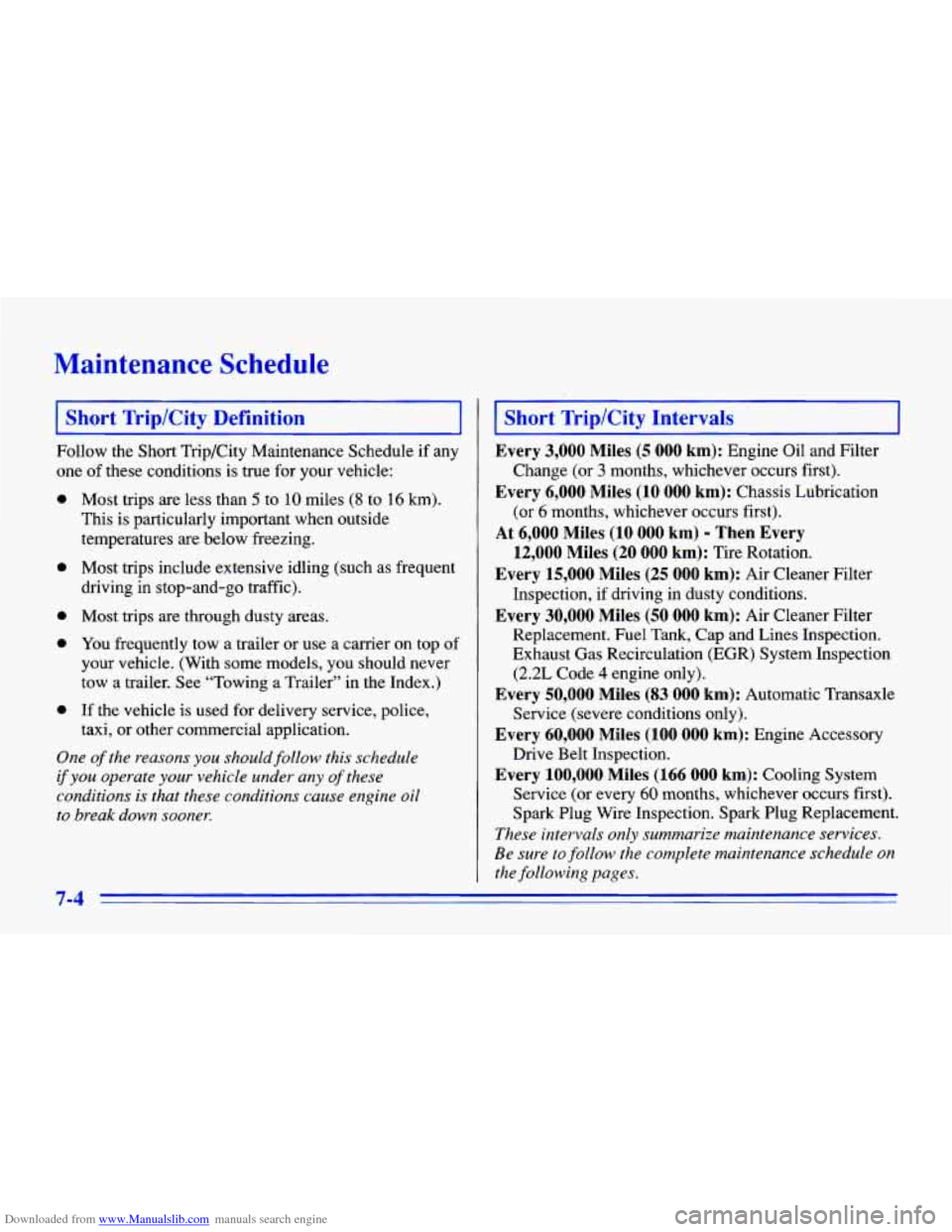 CHEVROLET CAVALIER 1996 3.G Owners Manual Downloaded from www.Manualslib.com manuals search engine Maintenance Schedule
I Short Trip/City Definition
~~
I
Follow the Short Trip/City Maintenance Schedule if any
one of these condition CHEVROLET CAVALIER 1996 3.G Owners Manual Downloaded from www.Manualslib.com manuals search engine Maintenance Schedule
I Short Trip/City Definition
~~
I
Follow the Short Trip/City Maintenance Schedule if any
one of these condition