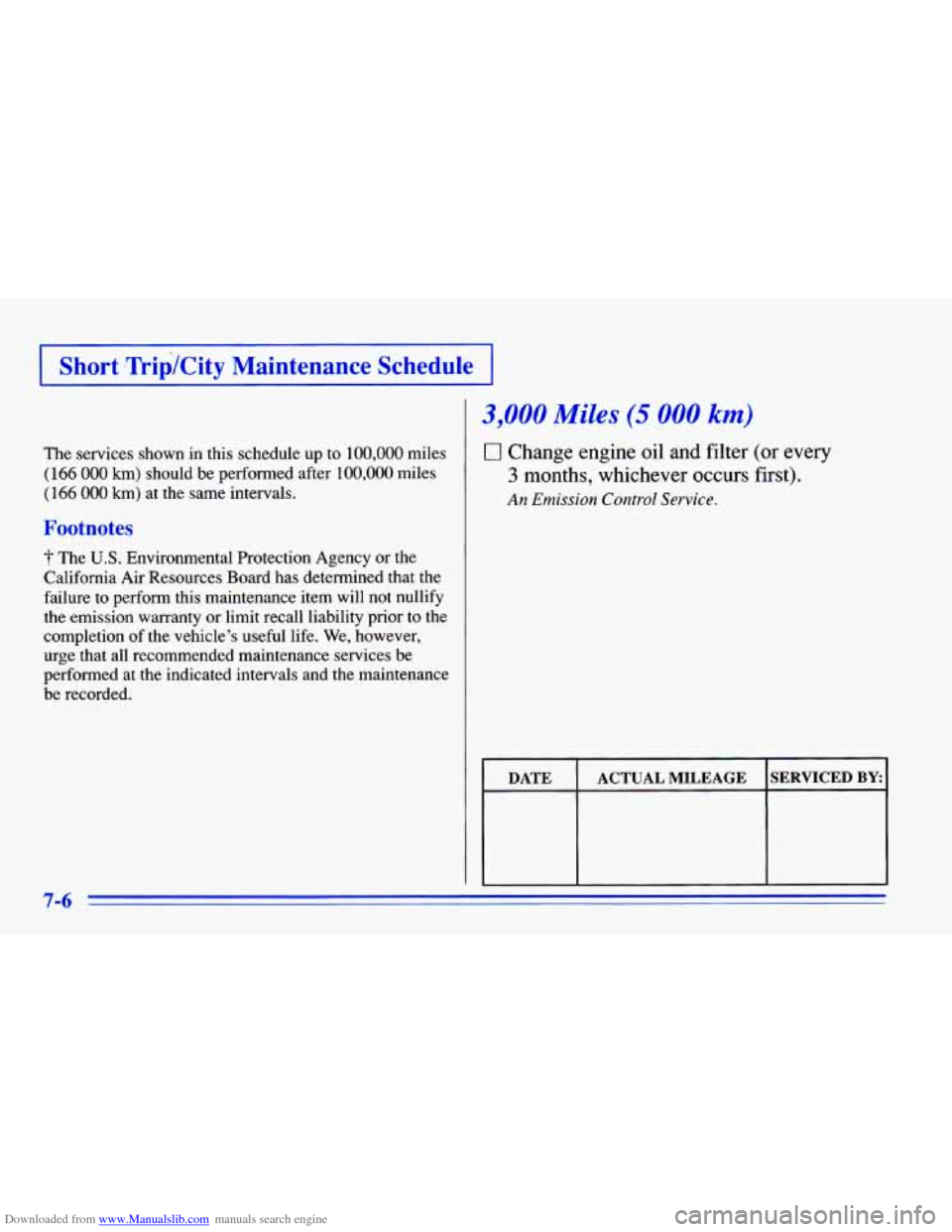 CHEVROLET CAVALIER 1996 3.G Owners Manual Downloaded from www.Manualslib.com manuals search engine I Short .Trip/City Maintenance Schedule I
The services shown in this schedule up to 100,000 miles
(166 000 km) should be performed CHEVROLET CAVALIER 1996 3.G Owners Manual Downloaded from www.Manualslib.com manuals search engine I Short .Trip/City Maintenance Schedule I
The services shown in this schedule up to 100,000 miles
(166 000 km) should be performed