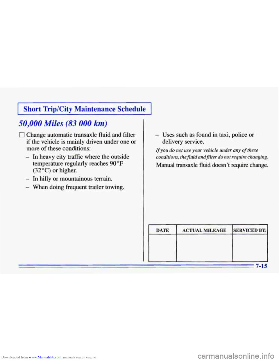 CHEVROLET CAVALIER 1996 3.G Owners Manual Downloaded from www.Manualslib.com manuals search engine [ Short Trip/City Maintenance Schedule I
50,000 Miles (83 000 km)
0 Change automatic transaxle fluid and filter
if the vehicle is mainl CHEVROLET CAVALIER 1996 3.G Owners Manual Downloaded from www.Manualslib.com manuals search engine [ Short Trip/City Maintenance Schedule I
50,000 Miles (83 000 km)
0 Change automatic transaxle fluid and filter
if the vehicle is mainl