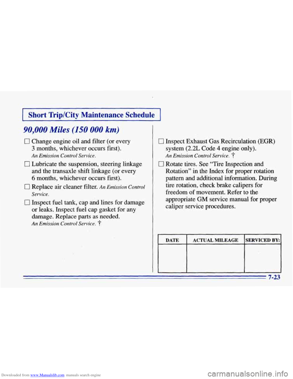 CHEVROLET CAVALIER 1996 3.G Owners Manual Downloaded from www.Manualslib.com manuals search engine Short Trip/City Maintenance Schedule
90,000 Miles (150 000 km)
0 Change engine oil and filter (or every
3 months, whichever occur CHEVROLET CAVALIER 1996 3.G Owners Manual Downloaded from www.Manualslib.com manuals search engine Short Trip/City Maintenance Schedule
90,000 Miles (150 000 km)
0 Change engine oil and filter (or every
3 months, whichever occur
