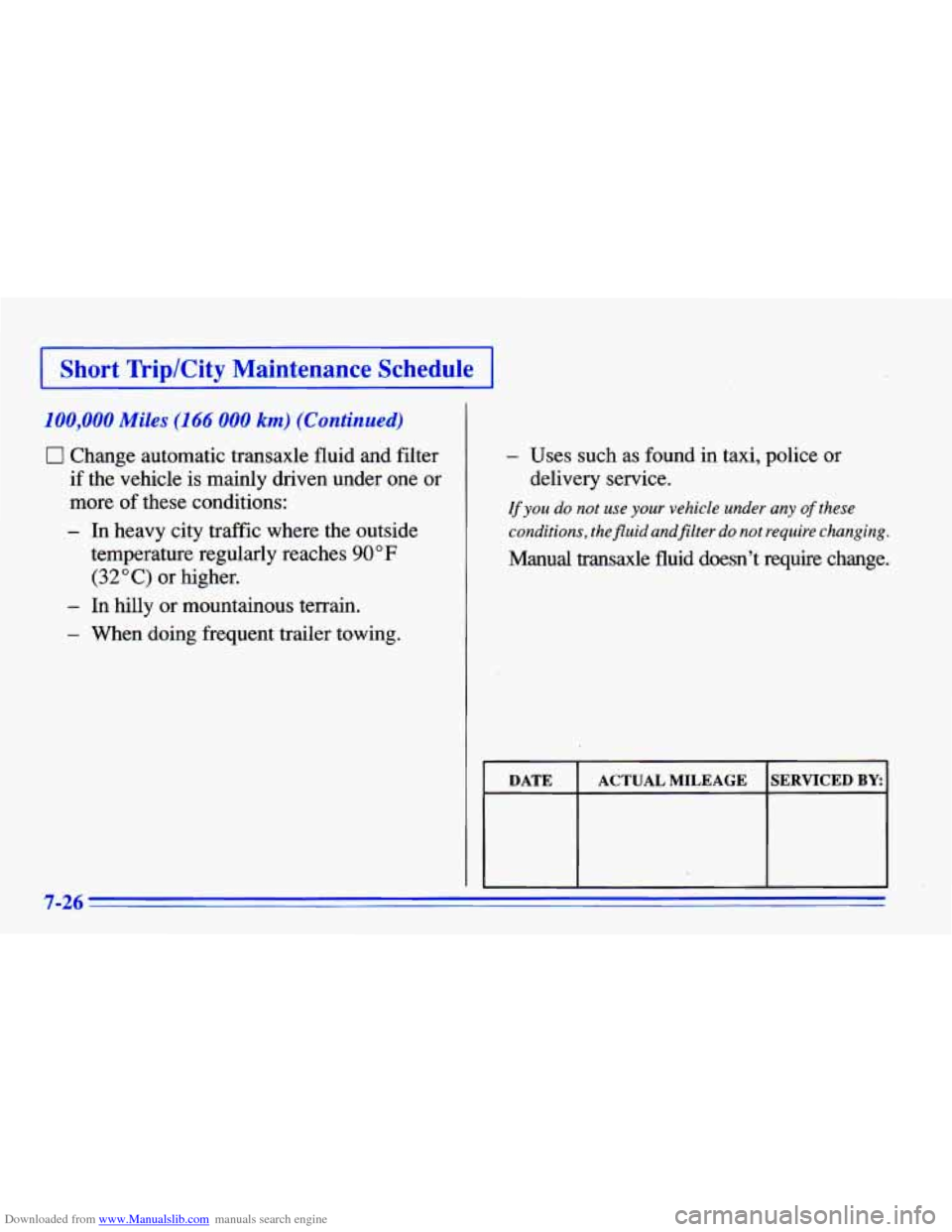CHEVROLET CAVALIER 1996 3.G Owners Manual Downloaded from www.Manualslib.com manuals search engine I Short Trip/City Maintenance Schedule I
100,000 Miles (I 66 000 km) (Continued)
0 Change automatic transaxle fluid and filter
if the CHEVROLET CAVALIER 1996 3.G Owners Manual Downloaded from www.Manualslib.com manuals search engine I Short Trip/City Maintenance Schedule I
100,000 Miles (I 66 000 km) (Continued)
0 Change automatic transaxle fluid and filter
if the