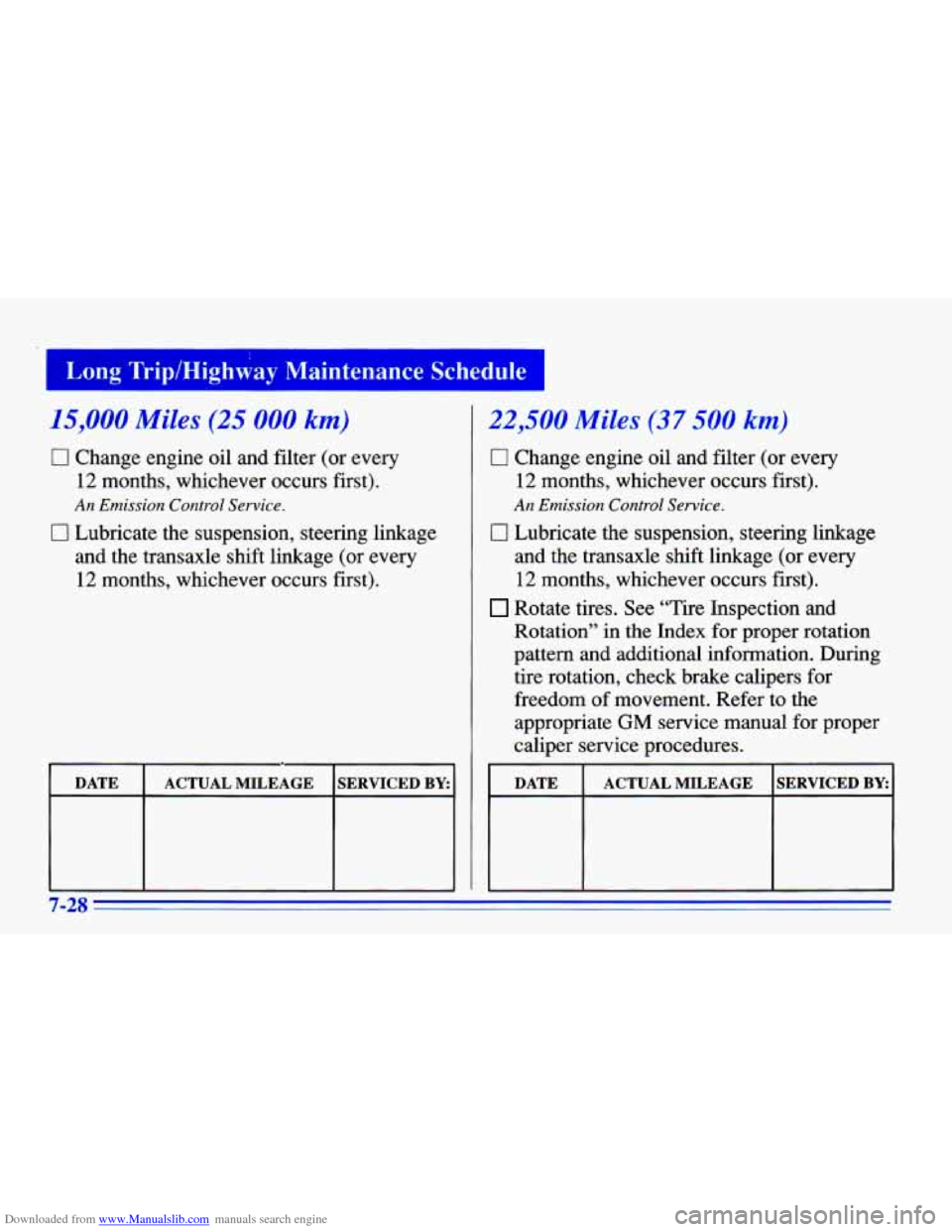 CHEVROLET CAVALIER 1996 3.G Owners Manual Downloaded from www.Manualslib.com manuals search engine I Long Trip/Highway Maintenance Schedule I
15,000 Miles (25 000 km)
0 Change engine oil and filter (or every
12 months, whichever occu CHEVROLET CAVALIER 1996 3.G Owners Manual Downloaded from www.Manualslib.com manuals search engine I Long Trip/Highway Maintenance Schedule I
15,000 Miles (25 000 km)
0 Change engine oil and filter (or every
12 months, whichever occu