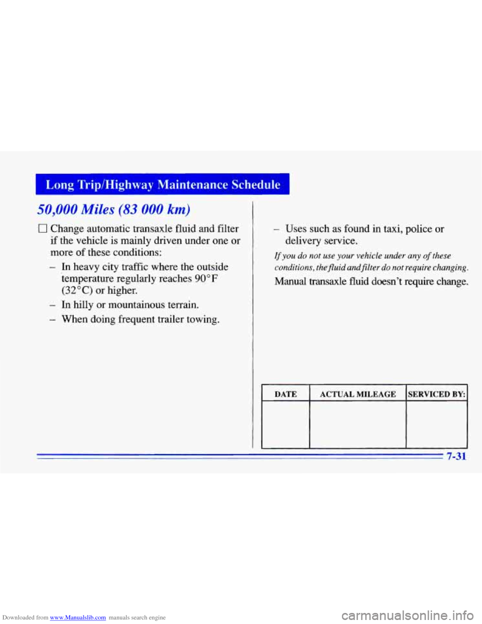 CHEVROLET CAVALIER 1996 3.G Owners Manual Downloaded from www.Manualslib.com manuals search engine Long Trip/Highway Maintenance Schedule
50,000 Miles (83 000 km)
Cl Change automatic transaxle fluid and filter
if the vehicle is mainly dr CHEVROLET CAVALIER 1996 3.G Owners Manual Downloaded from www.Manualslib.com manuals search engine Long Trip/Highway Maintenance Schedule
50,000 Miles (83 000 km)
Cl Change automatic transaxle fluid and filter
if the vehicle is mainly dr