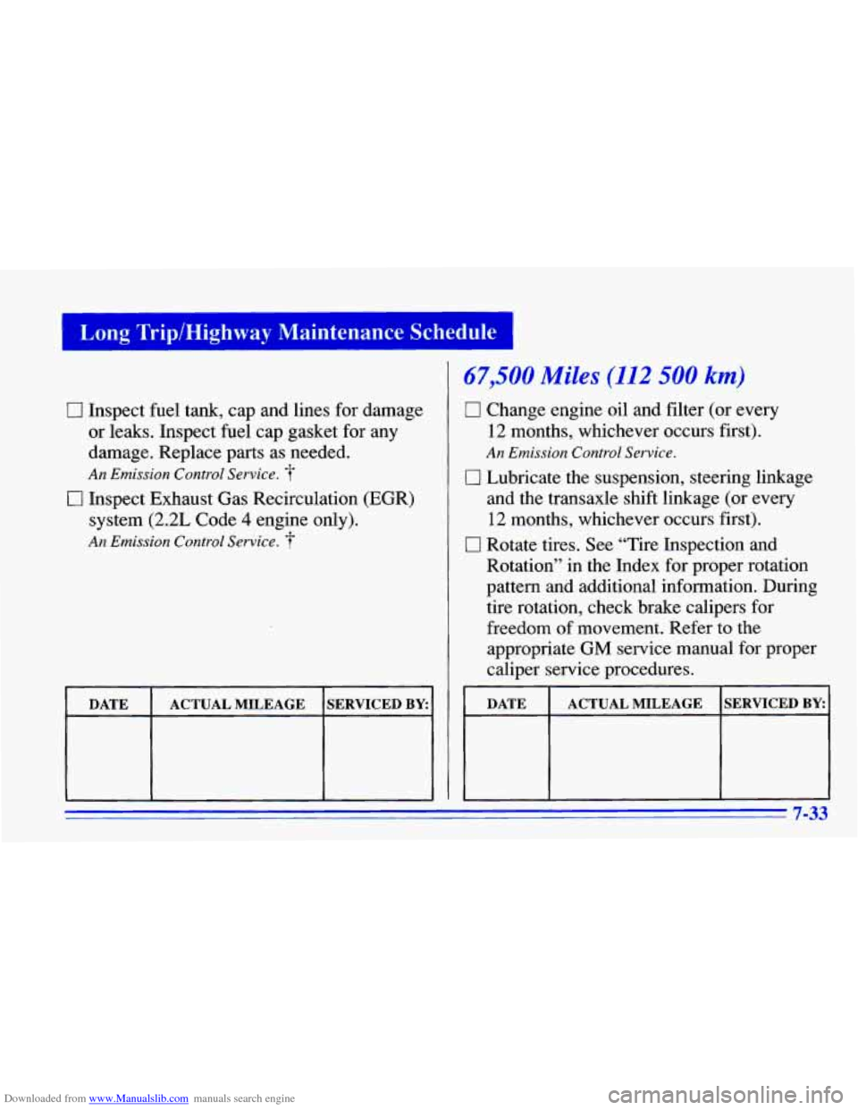 CHEVROLET CAVALIER 1996 3.G Owners Manual Downloaded from www.Manualslib.com manuals search engine may Maintenance Schedule
0 Inspect fuel tank, cap and lines for damage
or leaks. Inspect fuel cap gasket for any
damage. Replace part CHEVROLET CAVALIER 1996 3.G Owners Manual Downloaded from www.Manualslib.com manuals search engine may Maintenance Schedule
0 Inspect fuel tank, cap and lines for damage
or leaks. Inspect fuel cap gasket for any
damage. Replace part