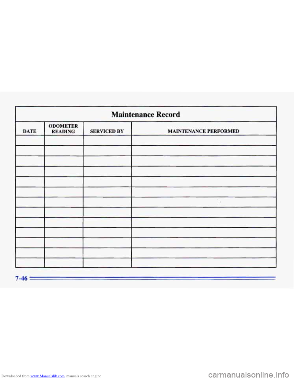 CHEVROLET CAVALIER 1996 3.G Owners Manual Downloaded from www.Manualslib.com manuals search engine I 3
Maintenance Record
ODOMETER
DATE MAINTENANCE PERFORMED SERVICED
BY READING
7-46 CHEVROLET CAVALIER 1996 3.G Owners Manual Downloaded from www.Manualslib.com manuals search engine I 3
Maintenance Record
ODOMETER
DATE MAINTENANCE PERFORMED SERVICED
BY READING
7-46