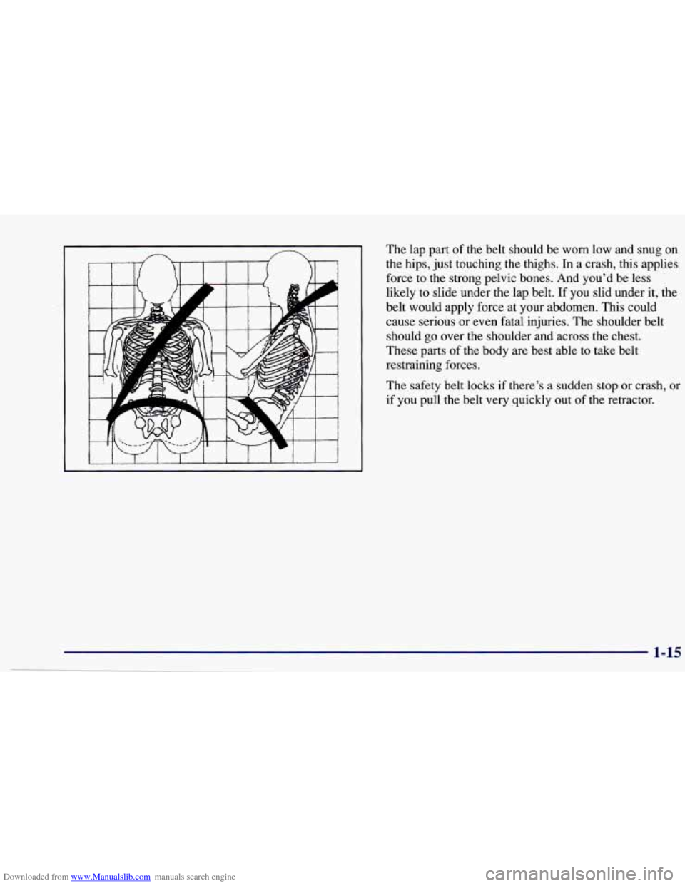 CHEVROLET CAVALIER 1997 3.G Owners Manual Downloaded from www.Manualslib.com manuals search engine The lap part of the belt should be worn low and snug on
the hips, just touching the thighs. In
a crash, this applies
force to CHEVROLET CAVALIER 1997 3.G Owners Manual Downloaded from www.Manualslib.com manuals search engine The lap part of the belt should be worn low and snug on
the hips, just touching the thighs. In
a crash, this applies
force to