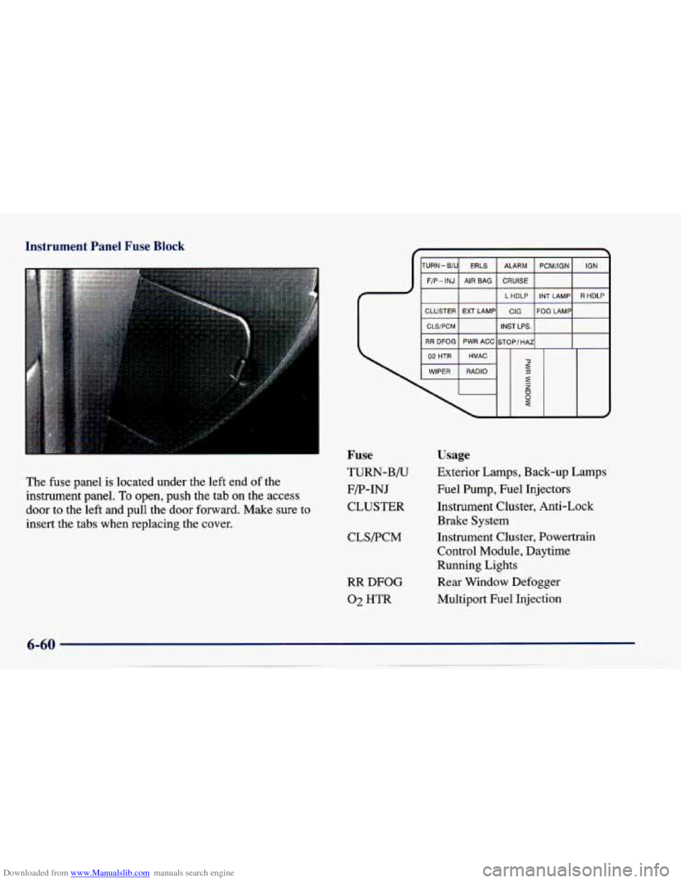 CHEVROLET CAVALIER 1997 3.G Owners Manual Downloaded from www.Manualslib.com manuals search engine Instrument Panel Fuse Block
The fuse panel is located under the left end of the
instrument panel.
To open, push the tab on the CHEVROLET CAVALIER 1997 3.G Owners Manual Downloaded from www.Manualslib.com manuals search engine Instrument Panel Fuse Block
The fuse panel is located under the left end of the
instrument panel.
To open, push the tab on the