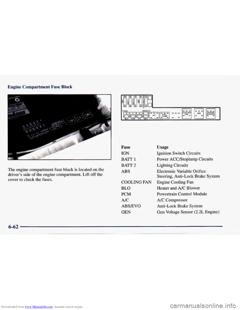 CHEVROLET CAVALIER 1997 3.G Owners Manual Downloaded from www.Manualslib.com manuals search engine Engine Compartment Fuse Block
P
The engine compment fuse block is located on the
driver’s side of the engine compartment. Lift off CHEVROLET CAVALIER 1997 3.G Owners Manual Downloaded from www.Manualslib.com manuals search engine Engine Compartment Fuse Block
P
The engine compment fuse block is located on the
driver’s side of the engine compartment. Lift off