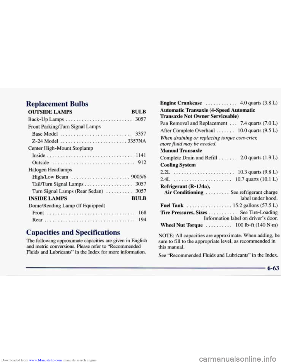 CHEVROLET CAVALIER 1997 3.G Owners Manual Downloaded from www.Manualslib.com manuals search engine Replacement Bulbs
OUTSIDE LAMPS BULB
Back-up Lamps ......................... 3057
Front Parking/Turn Signal Lamps
BaseModel
......... CHEVROLET CAVALIER 1997 3.G Owners Manual Downloaded from www.Manualslib.com manuals search engine Replacement Bulbs
OUTSIDE LAMPS BULB
Back-up Lamps ......................... 3057
Front Parking/Turn Signal Lamps
BaseModel
.........
