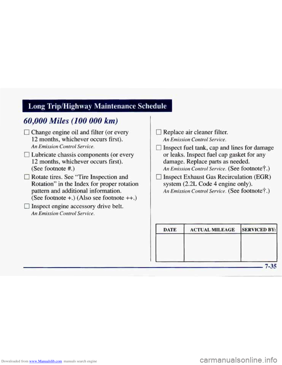 CHEVROLET CAVALIER 1997 3.G Owners Manual Downloaded from www.Manualslib.com manuals search engine Long TriplHighway daintenance Schedule I 
60,000 Miles (100 000 km) 
0 Change engine oil  and filter  (or  every 
12  months,  whichever  occur