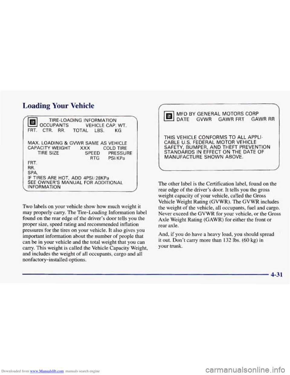 CHEVROLET CAVALIER 1998 3.G Owners Manual Downloaded from www.Manualslib.com manuals search engine Loading Your Vehicle
TIRE-LOADING INFORMATION
OCCUPANTS VEHICLE
CAP. WT.
FRT. CTR. RR. TOTAL LBS. KG
MAX. LOADING & GVWR SAME AS VEHICLE CHEVROLET CAVALIER 1998 3.G Owners Manual Downloaded from www.Manualslib.com manuals search engine Loading Your Vehicle
TIRE-LOADING INFORMATION
OCCUPANTS VEHICLE
CAP. WT.
FRT. CTR. RR. TOTAL LBS. KG
MAX. LOADING & GVWR SAME AS VEHICLE