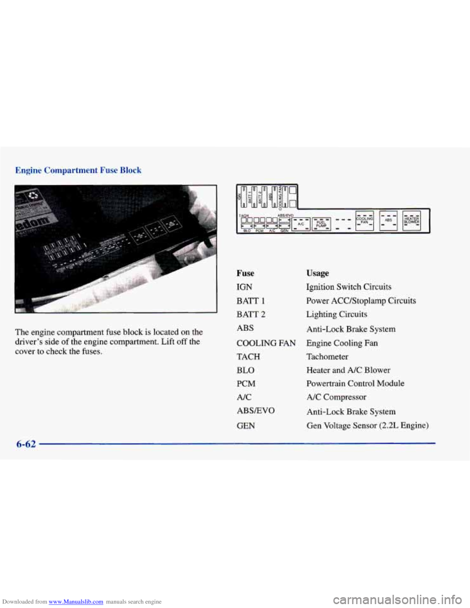 CHEVROLET CAVALIER 1998 3.G Owners Manual Downloaded from www.Manualslib.com manuals search engine Engine Compartment Fuse Block
The engine compartment fuse block is located on the
driver’s side
of the engine compartment. Lift of CHEVROLET CAVALIER 1998 3.G Owners Manual Downloaded from www.Manualslib.com manuals search engine Engine Compartment Fuse Block
The engine compartment fuse block is located on the
driver’s side
of the engine compartment. Lift of