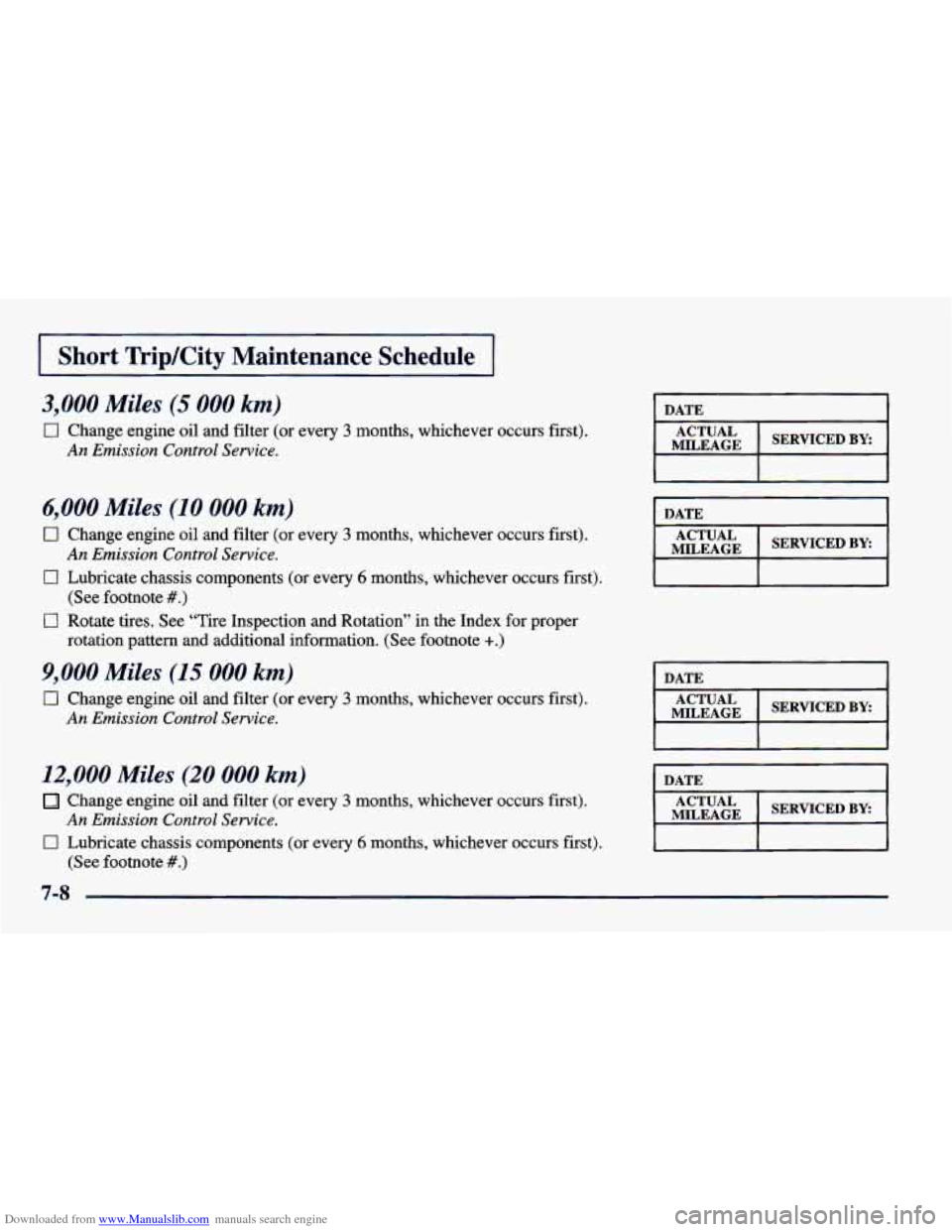 CHEVROLET CAVALIER 1998 3.G Owners Manual Downloaded from www.Manualslib.com manuals search engine 1 Short TripKity Maintenance Schedule I
3,000 Miles (5 000 km)
0 Change engine oil and filter (or every 3 months, whichever occurs CHEVROLET CAVALIER 1998 3.G Owners Manual Downloaded from www.Manualslib.com manuals search engine 1 Short TripKity Maintenance Schedule I
3,000 Miles (5 000 km)
0 Change engine oil and filter (or every 3 months, whichever occurs