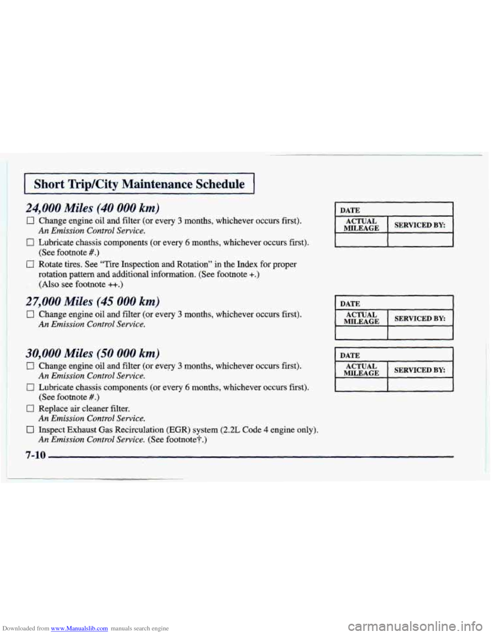 CHEVROLET CAVALIER 1998 3.G Owners Manual Downloaded from www.Manualslib.com manuals search engine Short Trip/City Maintenance Schedule
24,000 Miles (40 000 km)
0 Change engine oil and filter (or every 3 months, whichever occurs first) CHEVROLET CAVALIER 1998 3.G Owners Manual Downloaded from www.Manualslib.com manuals search engine Short Trip/City Maintenance Schedule
24,000 Miles (40 000 km)
0 Change engine oil and filter (or every 3 months, whichever occurs first)
