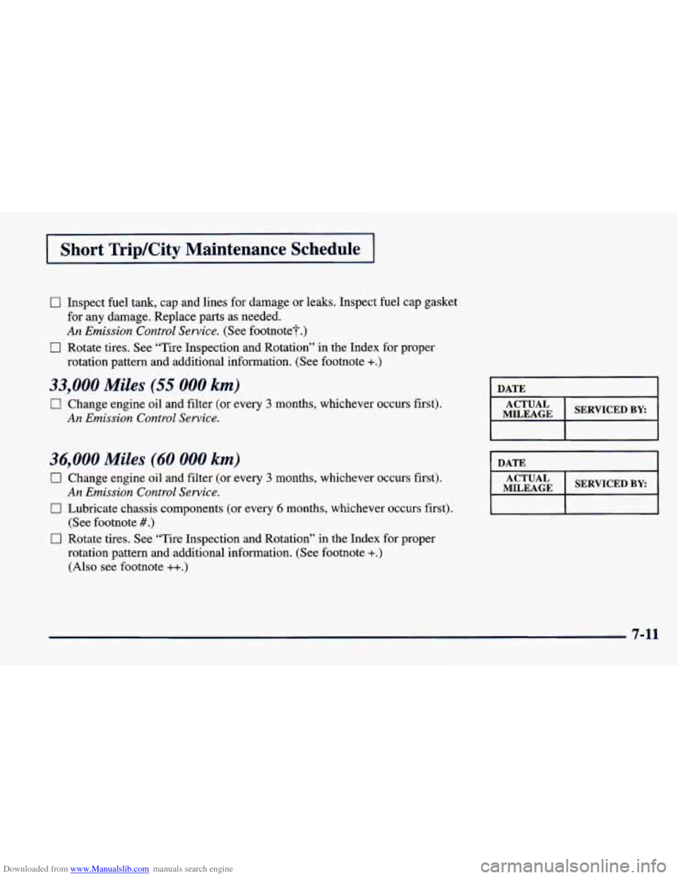 CHEVROLET CAVALIER 1998 3.G Owners Manual Downloaded from www.Manualslib.com manuals search engine I Short Trip/City Maintenance Schedule I
0 Inspect fuel tank, cap and lines for damage or leaks. Inspect fuel cap gasket
for any CHEVROLET CAVALIER 1998 3.G Owners Manual Downloaded from www.Manualslib.com manuals search engine I Short Trip/City Maintenance Schedule I
0 Inspect fuel tank, cap and lines for damage or leaks. Inspect fuel cap gasket
for any
