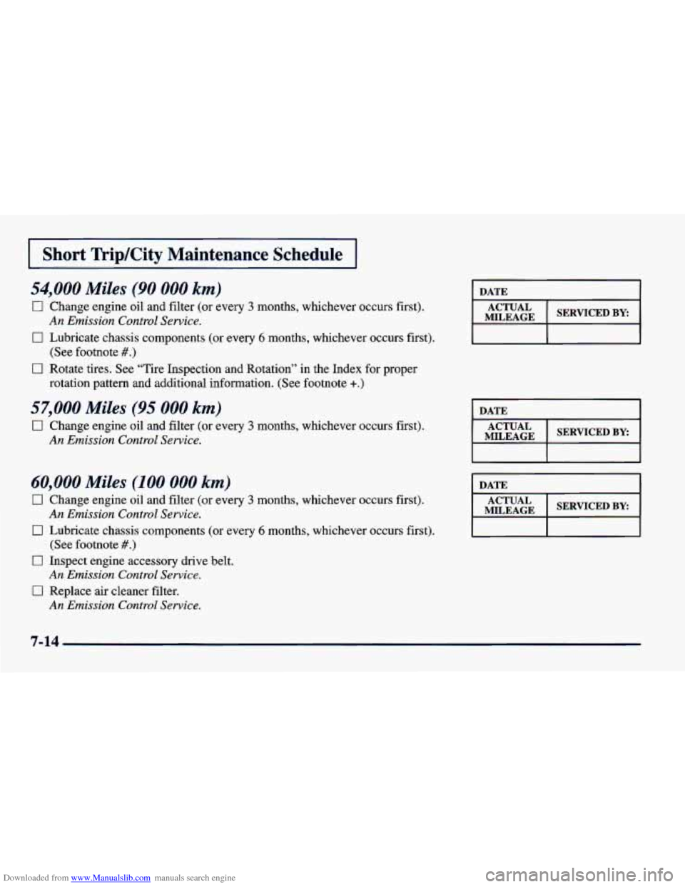 CHEVROLET CAVALIER 1998 3.G Owners Manual Downloaded from www.Manualslib.com manuals search engine I Short Trip/City Maintenance Schedule I
54,000 Miles (90 000 km)
0 Change engine oil and filter (or every 3 months, whichever occurs CHEVROLET CAVALIER 1998 3.G Owners Manual Downloaded from www.Manualslib.com manuals search engine I Short Trip/City Maintenance Schedule I
54,000 Miles (90 000 km)
0 Change engine oil and filter (or every 3 months, whichever occurs