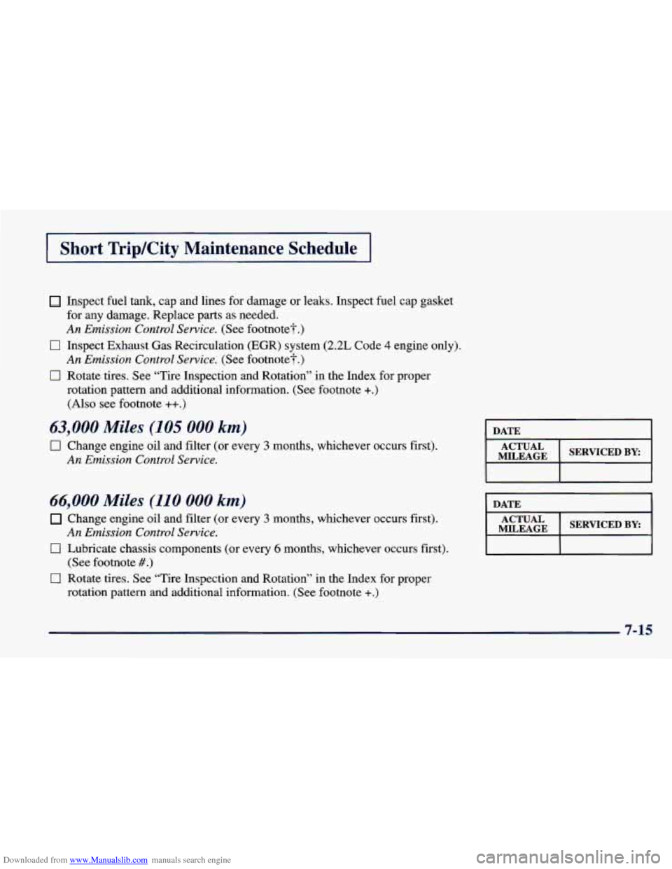 CHEVROLET CAVALIER 1998 3.G Owners Manual Downloaded from www.Manualslib.com manuals search engine I Short TripKity Maintenance Schedule I
Inspect fuel tank, cap and lines for damage or leaks. Inspect fuel cap gasket
for any d CHEVROLET CAVALIER 1998 3.G Owners Manual Downloaded from www.Manualslib.com manuals search engine I Short TripKity Maintenance Schedule I
Inspect fuel tank, cap and lines for damage or leaks. Inspect fuel cap gasket
for any d