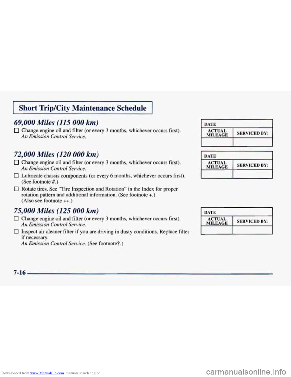 CHEVROLET CAVALIER 1998 3.G Owners Manual Downloaded from www.Manualslib.com manuals search engine I Short IYiplCity Maintenance Schedule I
69,000 Miles (115 000 km)
Change engine oil and filter (or every 3 months, whichever occurs CHEVROLET CAVALIER 1998 3.G Owners Manual Downloaded from www.Manualslib.com manuals search engine I Short IYiplCity Maintenance Schedule I
69,000 Miles (115 000 km)
Change engine oil and filter (or every 3 months, whichever occurs