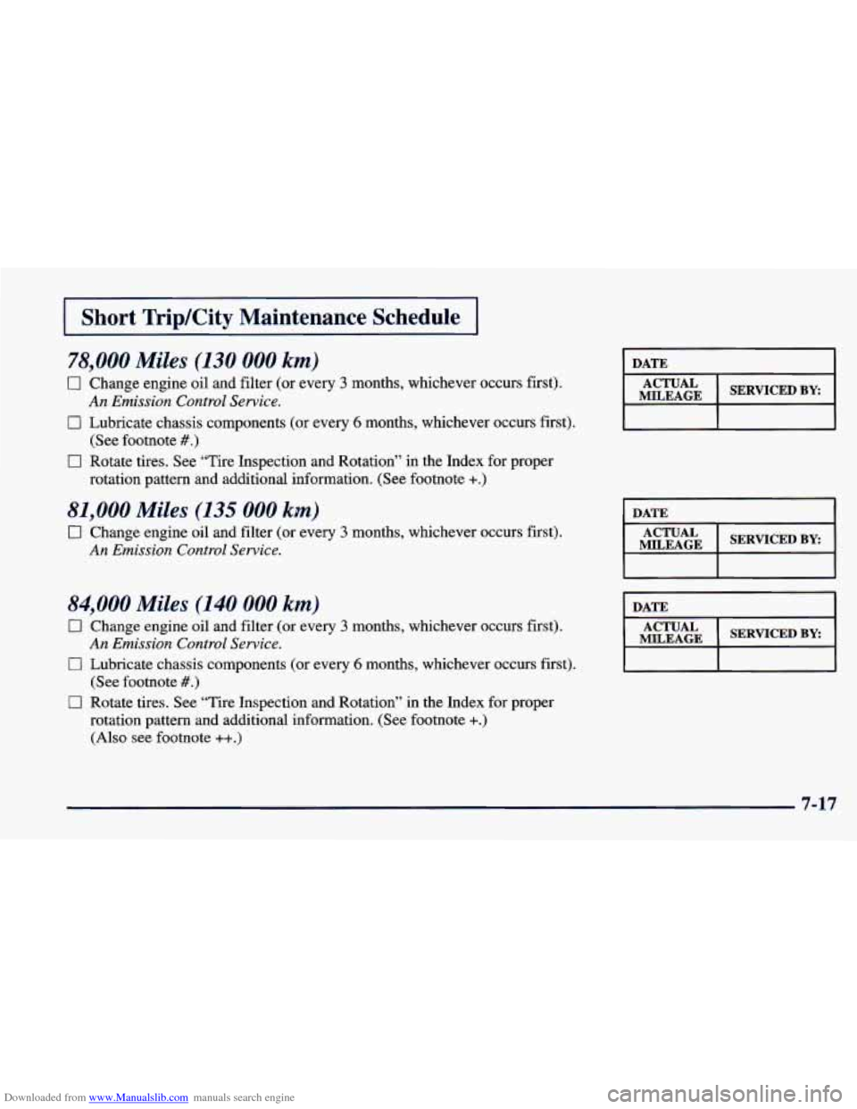 CHEVROLET CAVALIER 1998 3.G Owners Manual Downloaded from www.Manualslib.com manuals search engine I Short TripKity Maintenance Schedule I
78,000 Miles (130 000 km)
0 Change engine oil and filter (or every 3 months, whichever occurs CHEVROLET CAVALIER 1998 3.G Owners Manual Downloaded from www.Manualslib.com manuals search engine I Short TripKity Maintenance Schedule I
78,000 Miles (130 000 km)
0 Change engine oil and filter (or every 3 months, whichever occurs