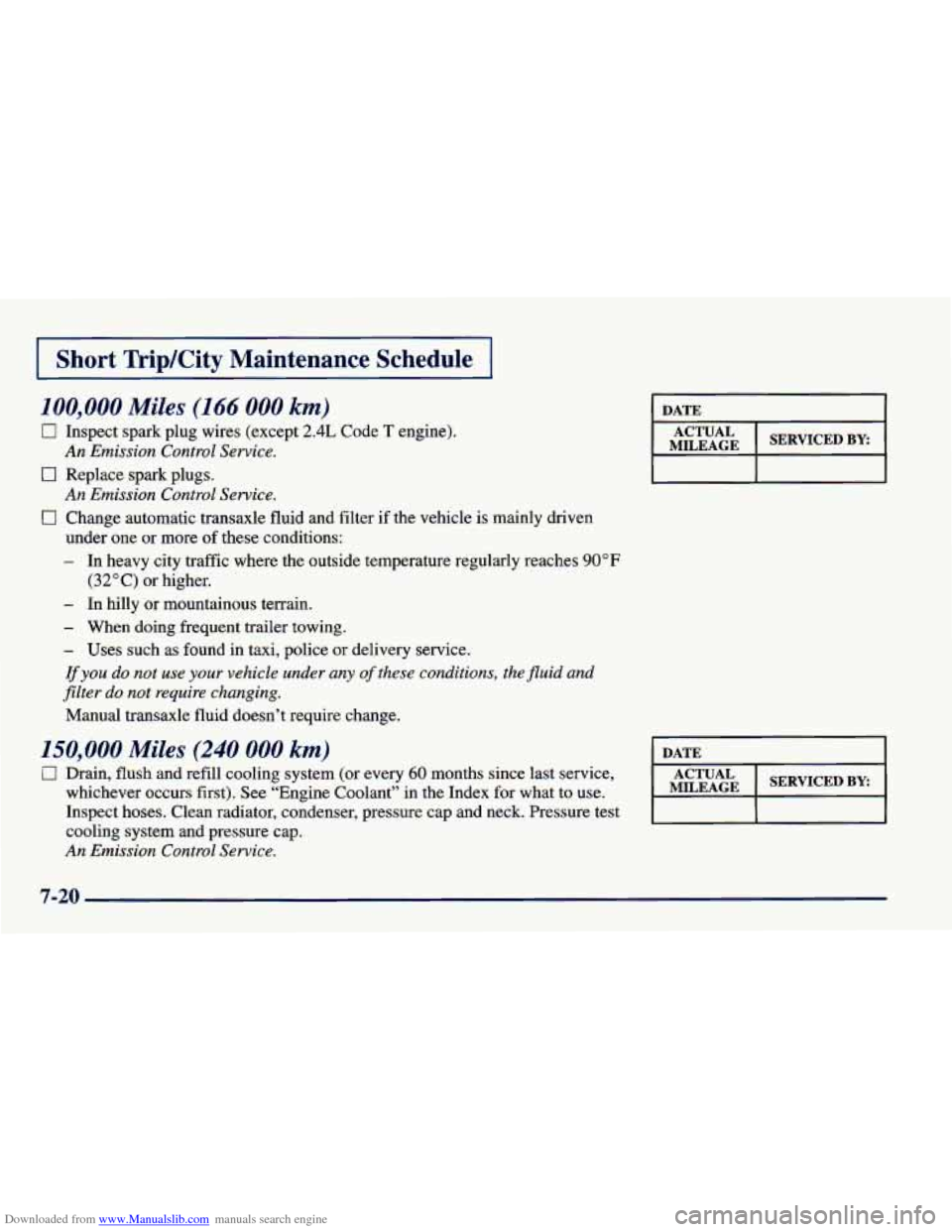 CHEVROLET CAVALIER 1998 3.G Owners Manual Downloaded from www.Manualslib.com manuals search engine Short Trip/City Maintenance Schedule
IO0,OOO Miles (I66 000 km)
0 Inspect spark plug wires (except 2.4L Code T engine).
0 Replace spa CHEVROLET CAVALIER 1998 3.G Owners Manual Downloaded from www.Manualslib.com manuals search engine Short Trip/City Maintenance Schedule
IO0,OOO Miles (I66 000 km)
0 Inspect spark plug wires (except 2.4L Code T engine).
0 Replace spa