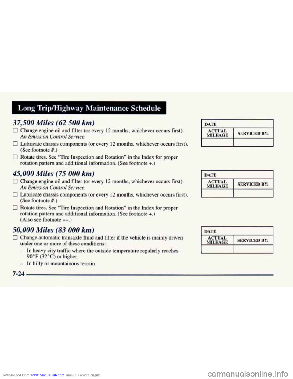 CHEVROLET CAVALIER 1998 3.G Owners Manual Downloaded from www.Manualslib.com manuals search engine Long Tripmighway Maintenance Schedule
37,500 Miles (62 500 km)
0 Change engine oil and filter (or every 12 months, whichever occur CHEVROLET CAVALIER 1998 3.G Owners Manual Downloaded from www.Manualslib.com manuals search engine Long Tripmighway Maintenance Schedule
37,500 Miles (62 500 km)
0 Change engine oil and filter (or every 12 months, whichever occur