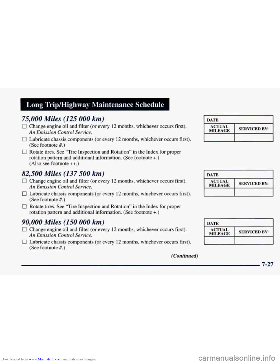 CHEVROLET CAVALIER 1998 3.G Owners Manual Downloaded from www.Manualslib.com manuals search engine Long Tripmighway Maintenance Schedule
75,000 Miles (125 000 km)
0 Change engine oil and filter (or every 12 months, whichever occurs f CHEVROLET CAVALIER 1998 3.G Owners Manual Downloaded from www.Manualslib.com manuals search engine Long Tripmighway Maintenance Schedule
75,000 Miles (125 000 km)
0 Change engine oil and filter (or every 12 months, whichever occurs f