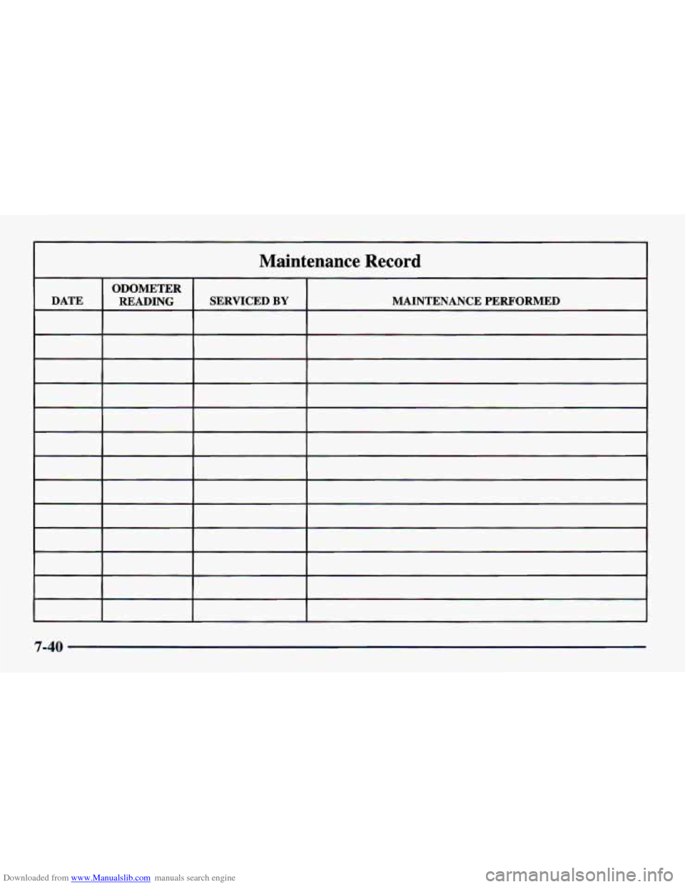 CHEVROLET CAVALIER 1998 3.G Owners Manual Downloaded from www.Manualslib.com manuals search engine Maintenance Record
ODOMETER
DATE READING SERVICED BY MAINTENANCE PERFORMED
7-40 CHEVROLET CAVALIER 1998 3.G Owners Manual Downloaded from www.Manualslib.com manuals search engine Maintenance Record
ODOMETER
DATE READING SERVICED BY MAINTENANCE PERFORMED
7-40