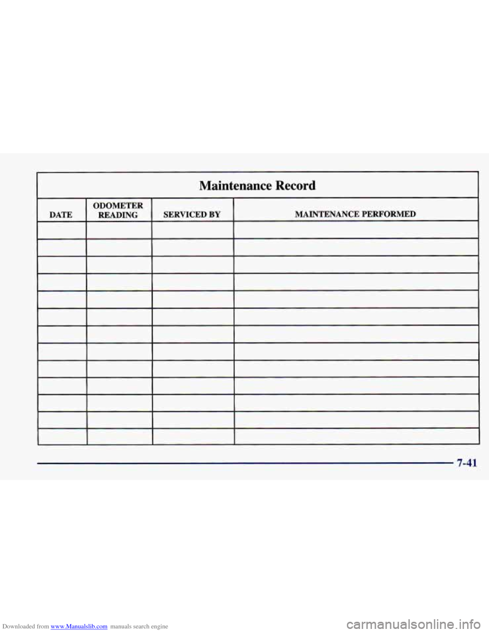 CHEVROLET CAVALIER 1998 3.G Owners Manual Downloaded from www.Manualslib.com manuals search engine Maintenance Record
ODOMETER
DATE SERVICED
BY MAINTENANCE PERFORMED
READING
7-41 CHEVROLET CAVALIER 1998 3.G Owners Manual Downloaded from www.Manualslib.com manuals search engine Maintenance Record
ODOMETER
DATE SERVICED
BY MAINTENANCE PERFORMED
READING
7-41