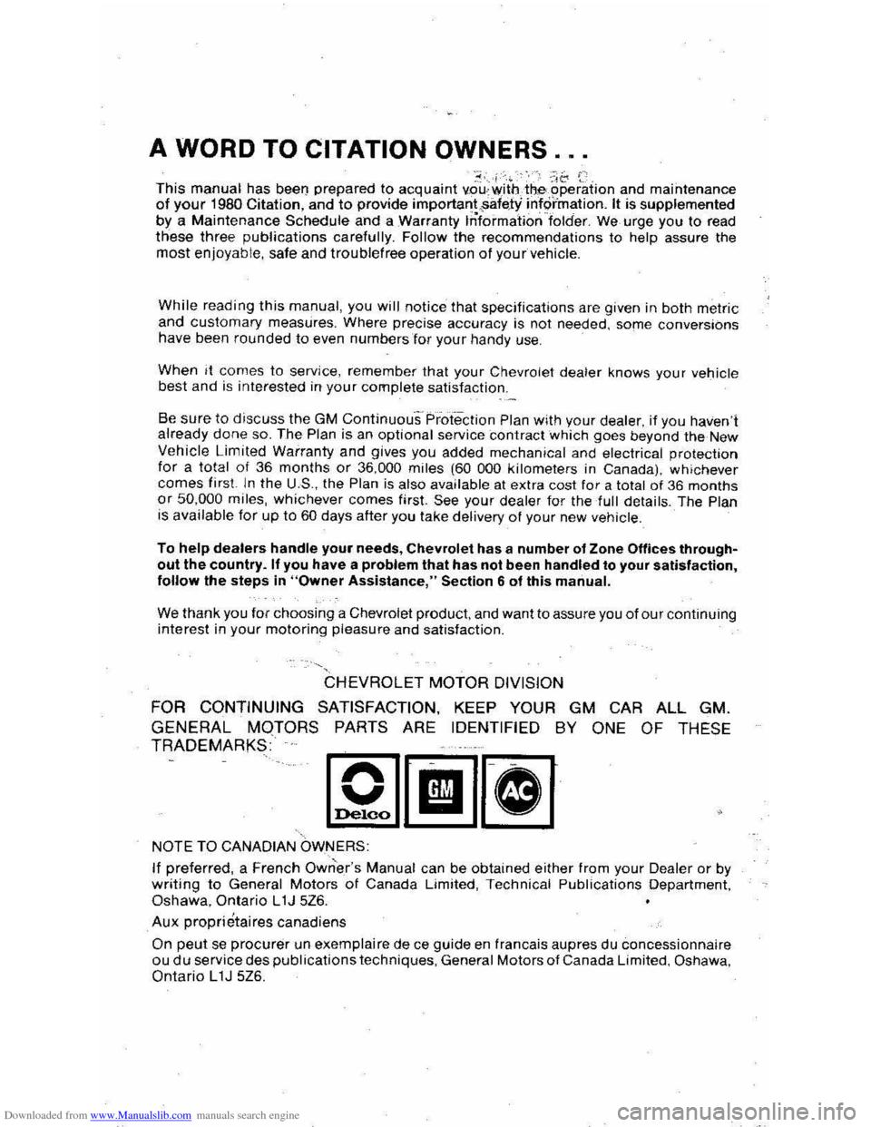 CHEVROLET CITATION 1980 1.G Owners Manual Downloaded from www.Manualslib.com manuals search engine A WORD TO  CITATION  OWNERS 
:;:.1.;.-:,-, 32 ~ This manual has beet} prepared to acquaint vou-:withtheoperation and maintenance of your 19