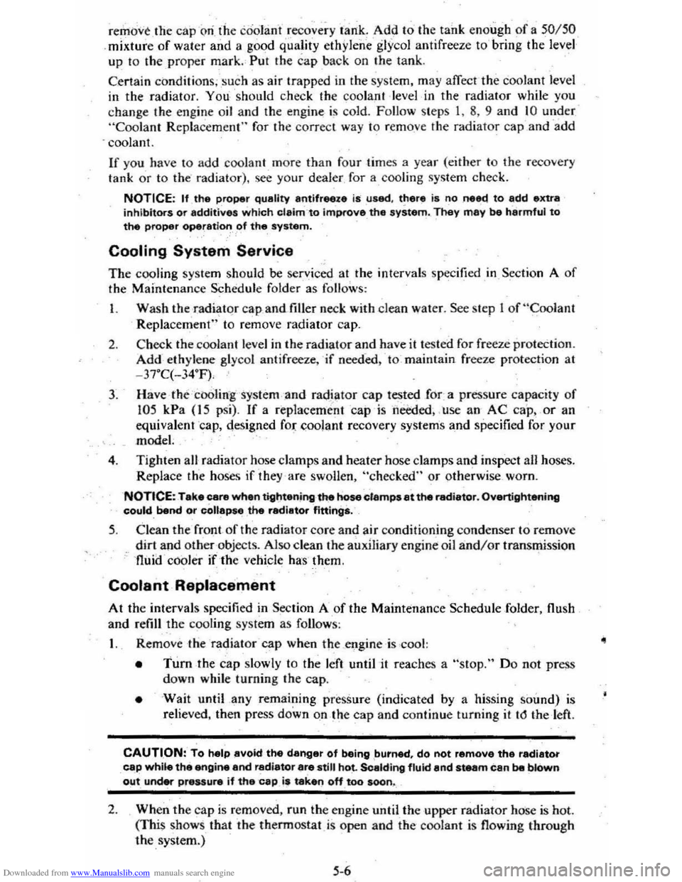 CHEVROLET CITATION 1980 1.G Owners Manual Downloaded from www.Manualslib.com manuals search engine remOve tlie cap on the coolant ~ecove~y tank : Add to the tank enough of a 50 150 . mixture of w ater and a  g ood  quality eth)dene  glycol an