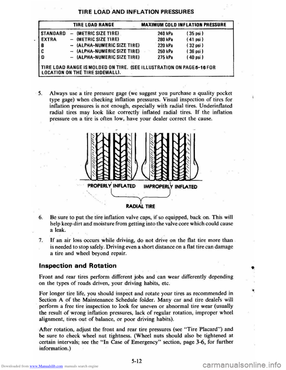 CHEVROLET CITATION 1980 1.G Owners Manual Downloaded from www.Manualslib.com manuals search engine STANDARD EXTRA B C o 
TIRE LOAD AND INFLATION PRESSURES 
TIRE LOAD RANGE 
-(METRIC SIZETIREI -(METRIC SIZETIREI -(ALPHA-NUMERIC SIZE TIREI -(AL