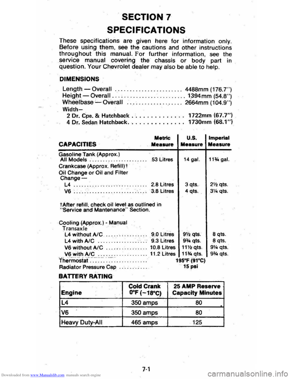 CHEVROLET CITATION 1980 1.G Manual Online Downloaded from www.Manualslib.com manuals search engine . SECTION 7
SPECIFICATIONS
T hese specifications are given here for information on ly . B efore using them, see the cautions and other CHEVROLET CITATION 1980 1.G Manual Online Downloaded from www.Manualslib.com manuals search engine . SECTION 7
SPECIFICATIONS
T hese specifications are given here for information on ly . B efore using them, see the cautions and other