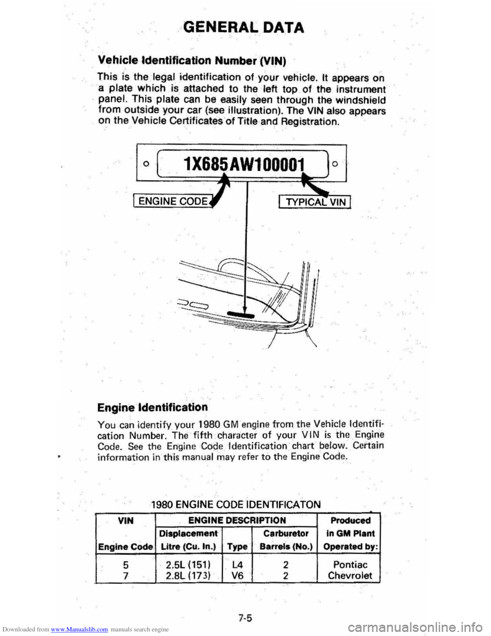 CHEVROLET CITATION 1980 1.G Manual Online Downloaded from www.Manualslib.com manuals search engine I
GENERAL DATA
Vehicle ·Identlfication Number (VIN)
This is the legal identification of your vehicle . It appears on
a plate which is CHEVROLET CITATION 1980 1.G Manual Online Downloaded from www.Manualslib.com manuals search engine I
GENERAL DATA
Vehicle ·Identlfication Number (VIN)
This is the legal identification of your vehicle . It appears on
a plate which is