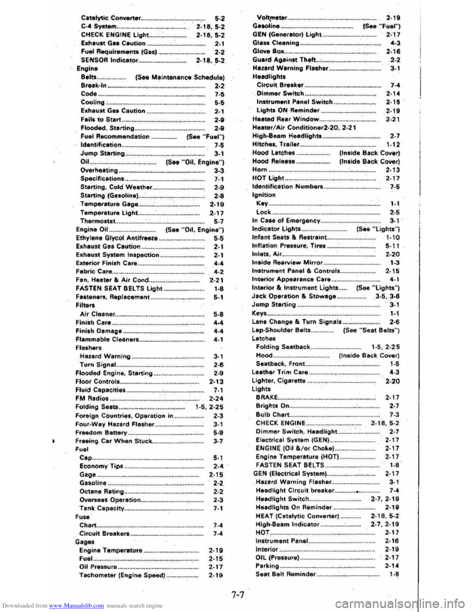 CHEVROLET CITATION 1980 1.G User Guide Downloaded from www.Manualslib.com manuals search engine Catalytic Converter .....................................  . 5·2 C.4S~m . CHECK ENGINE Light.. .... : .....  . 2·18,5-2 2-18,5·2 Eldla~t Gas