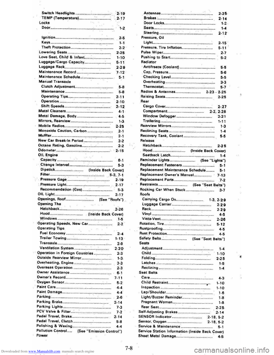 CHEVROLET CITATION 1980 1.G Owners Manual Downloaded from www.Manualslib.com manuals search engine Switch Headlights .... TEMP (Temperature) .. Locks Door ... 
2~19 2-17 1-2 
Ignition ............................................. .. 2-5 1-1 2