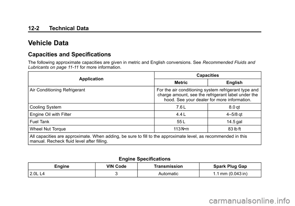 CHEVROLET CITY EXPRESS CARGO VAN 2016 1.G Owners Manual Black plate (2,1)Chevrolet City Express Owner Manual (GMNA-Localizing-U.S./Canada-
7707496) - 2015 - CRC - 11/26/14
12-2 Technical Data
Vehicle Data
Capacities and Specifications
The following approxi CHEVROLET CITY EXPRESS CARGO VAN 2016 1.G Owners Manual Black plate (2,1)Chevrolet City Express Owner Manual (GMNA-Localizing-U.S./Canada-
7707496) - 2015 - CRC - 11/26/14
12-2 Technical Data
Vehicle Data
Capacities and Specifications
The following approxi
