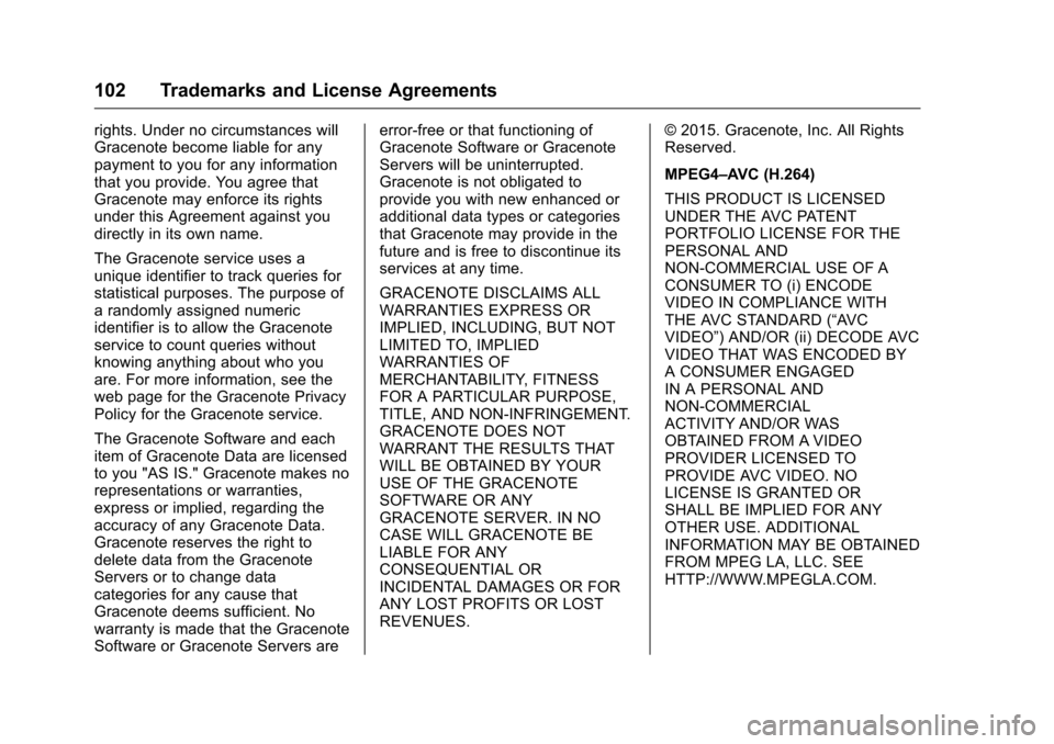 CHEVROLET CITY EXPRESS CARGO VAN 2016 1.G Infotainment Manual Chevrolet MyLink Infotainment System (GMNA-Localizing-U.S/Canada-
9085900) - 2016 - CRC - 8/10/15
102 Trademarks and License Agreements
rights. Under no circumstances will
Gracenote become liable for CHEVROLET CITY EXPRESS CARGO VAN 2016 1.G Infotainment Manual Chevrolet MyLink Infotainment System (GMNA-Localizing-U.S/Canada-
9085900) - 2016 - CRC - 8/10/15
102 Trademarks and License Agreements
rights. Under no circumstances will
Gracenote become liable for