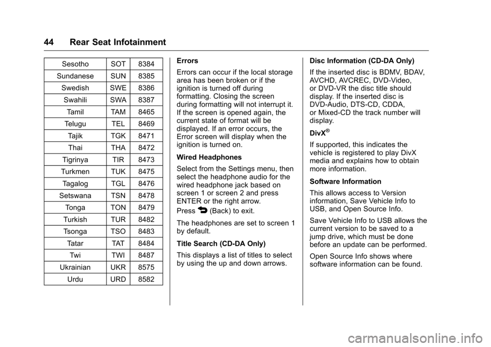 CHEVROLET CITY EXPRESS CARGO VAN 2016 1.G Infotainment Manual Chevrolet MyLink Infotainment System (GMNA-Localizing-U.S/Canada-
9085900) - 2016 - CRC - 8/10/15
44 Rear Seat Infotainment
Sesotho SOT 8384
Sundanese SUN 8385 Swedish SWE 8386
Swahili SWA 8387 Tamil 