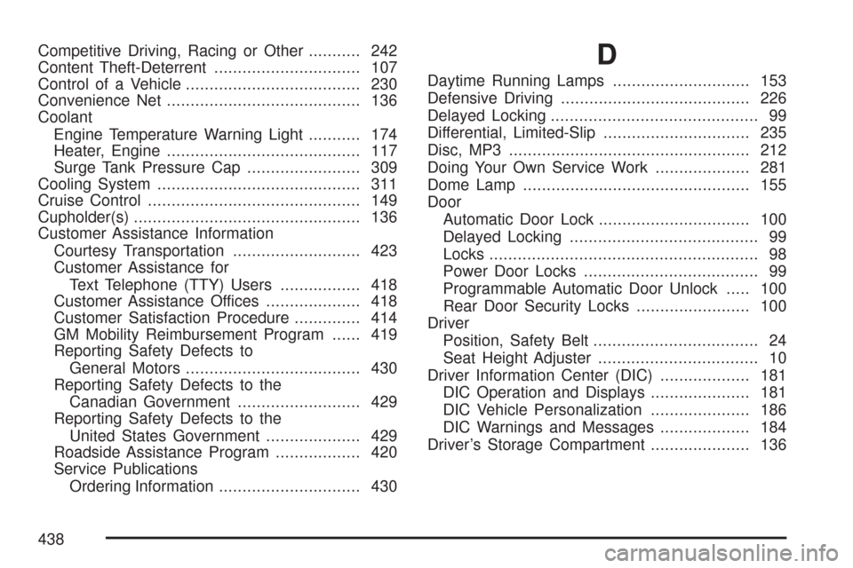 CHEVROLET COBALT 2007 1.G Owners Manual Competitive Driving, Racing or Other........... 242
Content Theft-Deterrent............................... 107
Control of a Vehicle..................................... 230
Convenience Net............