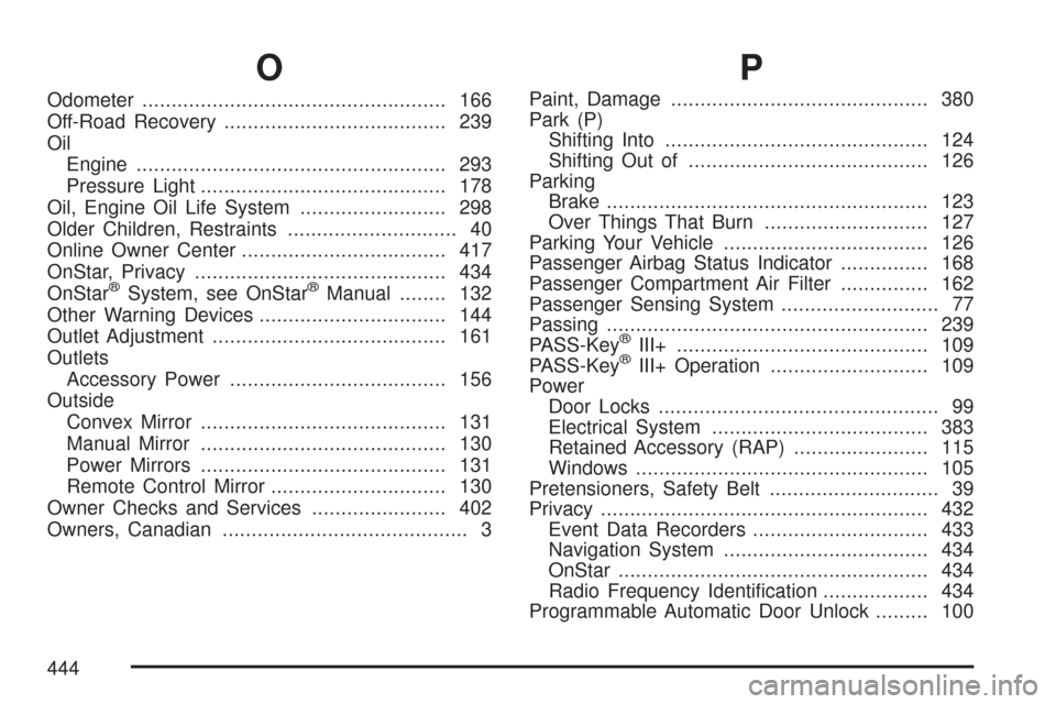 CHEVROLET COBALT 2007 1.G Owners Manual O
Odometer.................................................... 166
Off-Road Recovery...................................... 239
Oil
Engine..................................................... 293
Press