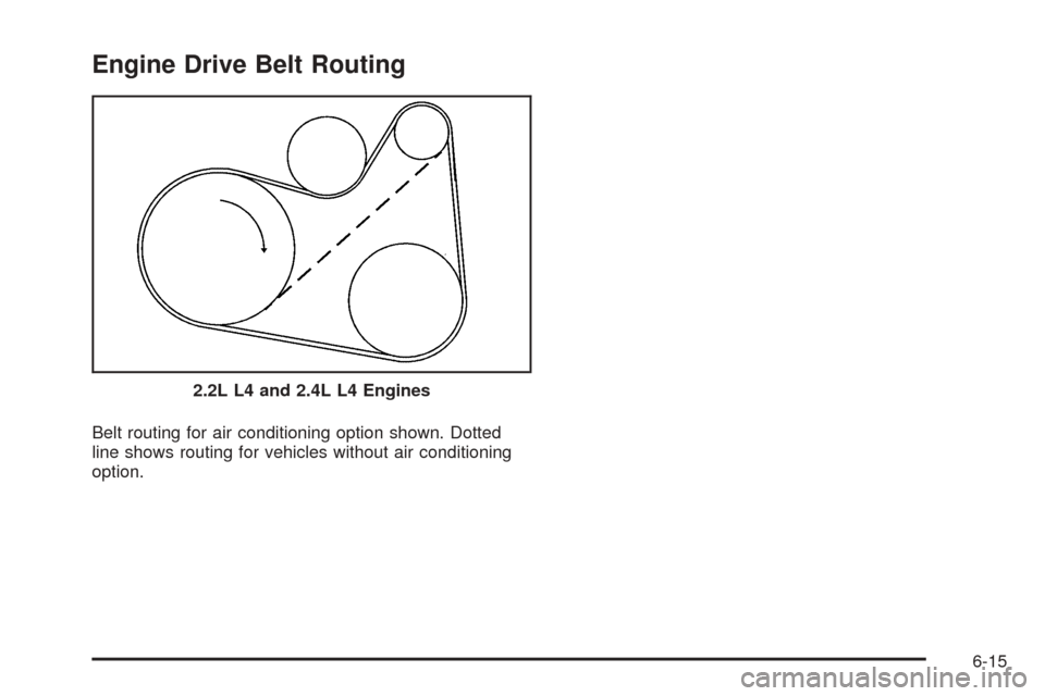 CHEVROLET COBALT 2008 1.G Owners Manual Engine Drive Belt Routing
Belt routing for air conditioning option shown. Dotted
line shows routing for vehicles without air conditioning
option.2.2L L4 and 2.4L L4 Engines
6-15 