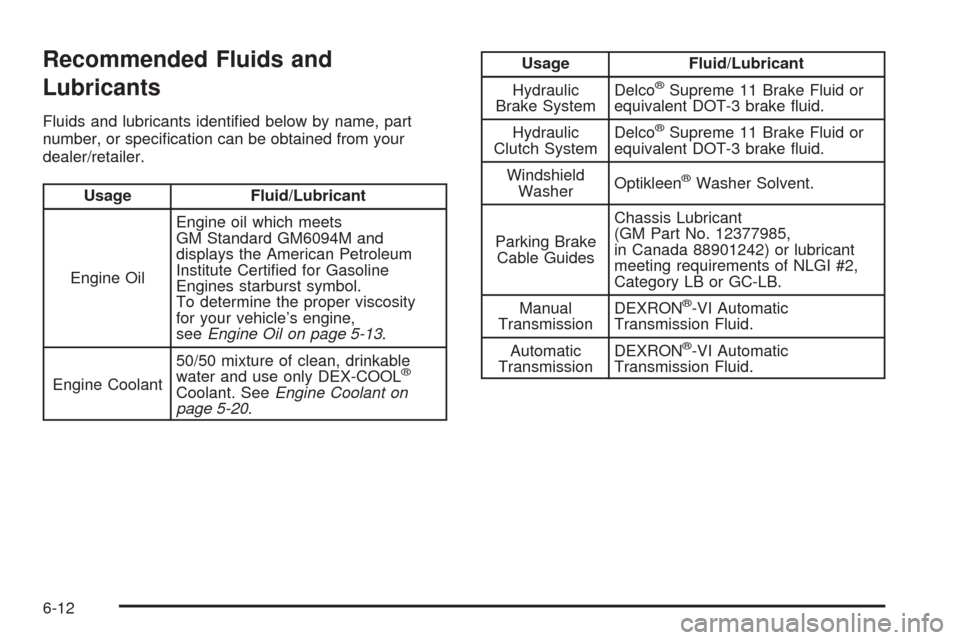 CHEVROLET COBALT 2009 1.G Owners Manual Recommended Fluids and
Lubricants
Fluids and lubricants identi�ed below by name, part
number, or speci�cation can be obtained from your
dealer/retailer.
Usage Fluid/Lubricant
Engine OilEngine oil whic