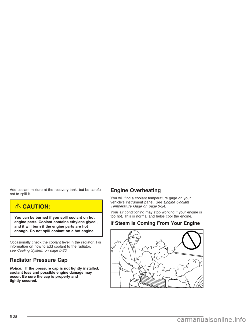 CHEVROLET COLORADO 2004 1.G Owners Manual Add coolant mixture at the recovery tank, but be careful
not to spill it.
{CAUTION:
You can be burned if you spill coolant on hot
engine parts. Coolant contains ethylene glycol,
and it will burn if th