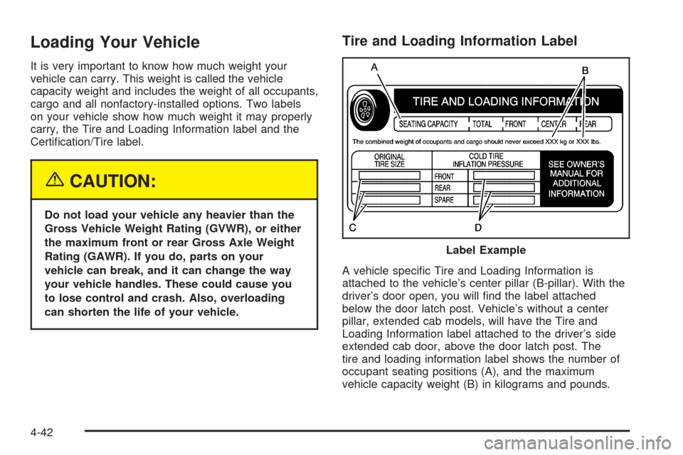 CHEVROLET COLORADO 2005 1.G Owners Manual Loading Your Vehicle
It is very important to know how much weight your
vehicle can carry. This weight is called the vehicle
capacity weight and includes the weight of all occupants,
cargo and all nonf