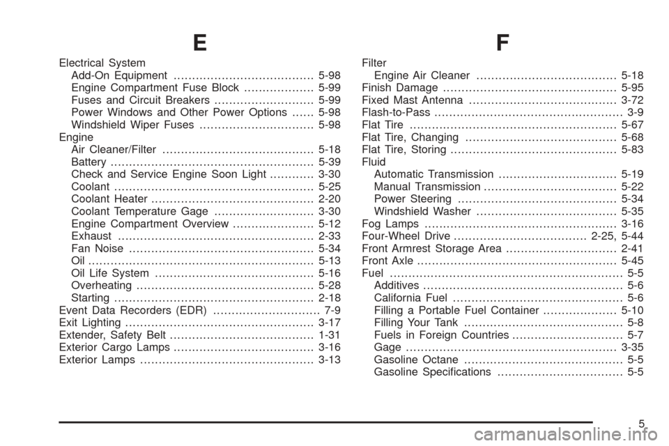 CHEVROLET COLORADO 2005 1.G Owners Manual E
Electrical System
Add-On Equipment......................................5-98
Engine Compartment Fuse Block...................5-99
Fuses and Circuit Breakers...........................5-99
Power Wind