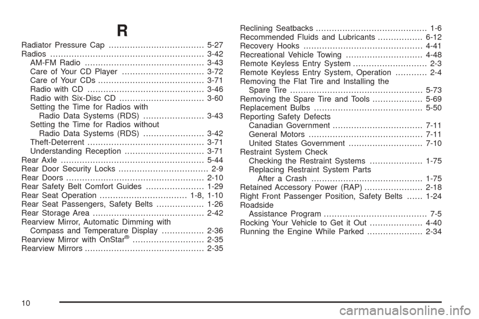 CHEVROLET COLORADO 2005 1.G Service Manual R
Radiator Pressure Cap....................................5-27
Radios..........................................................3-42
AM-FM Radio.............................................3-43
Care o