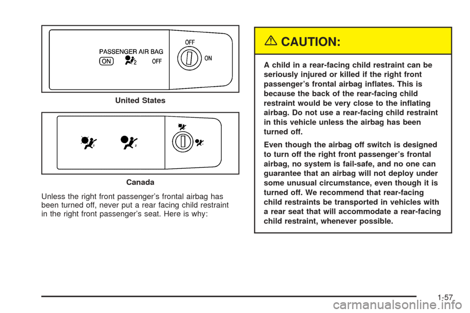 CHEVROLET COLORADO 2005 1.G Repair Manual Unless the right front passenger’s frontal airbag has
been turned off, never put a rear facing child restraint
in the right front passenger’s seat. Here is why:
{CAUTION:
A child in a rear-facing 
