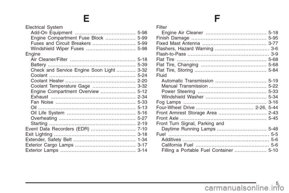 CHEVROLET COLORADO 2006 1.G Owners Manual E
Electrical System
Add-On Equipment......................................5-98
Engine Compartment Fuse Block...................5-99
Fuses and Circuit Breakers...........................5-99
Windshield