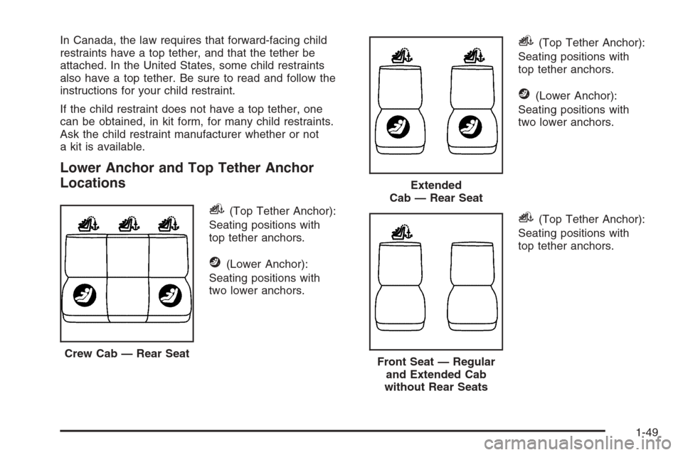 CHEVROLET COLORADO 2006 1.G Workshop Manual In Canada, the law requires that forward-facing child
restraints have a top tether, and that the tether be
attached. In the United States, some child restraints
also have a top tether. Be sure to read